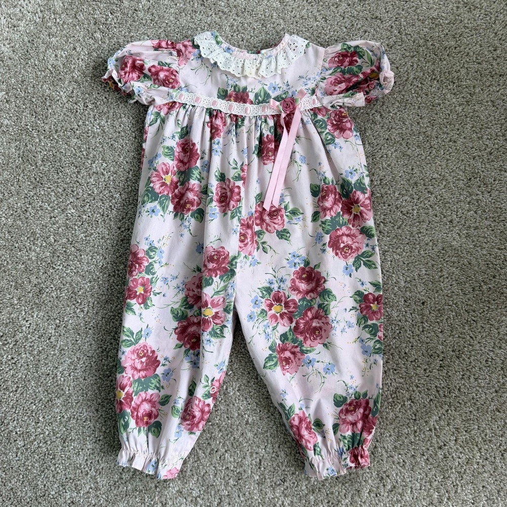 Vintage Rosebud Romper Baby Girls 18M Pink Floral Lace Ruffle Collar Puff Sleeve